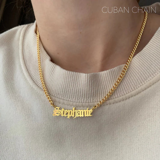 Custom Name Plate Necklace with Cuban link Chain