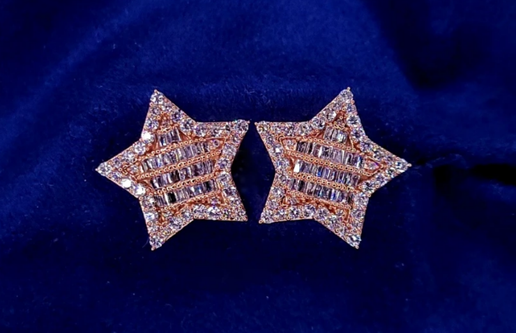 14k Gold Baguette Diamond Star Earrings
