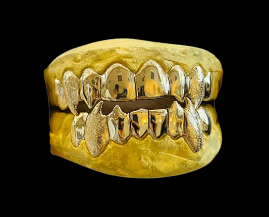 14k Gold Double Extended Fang Set , 4 Fangs Diamond Dusted