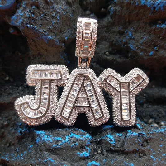 Custom Baguette Letter Name Plate W/ Free Rope Chain