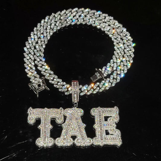 Custom Baguette Name Plate Pendant with Cuban Link Chain